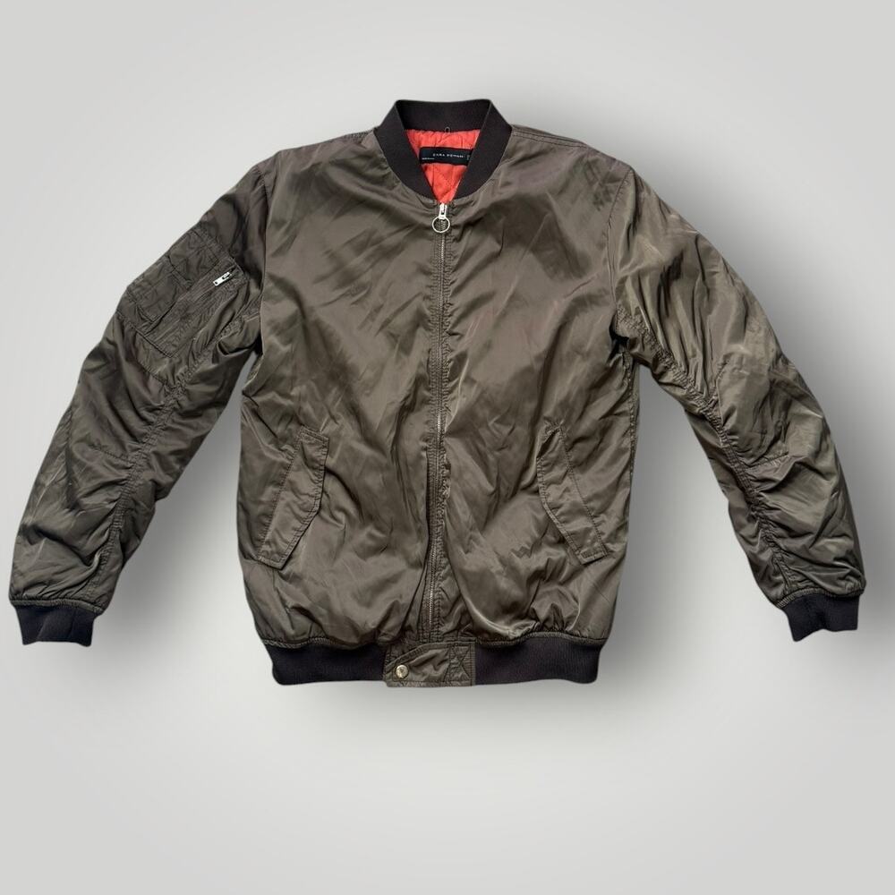 Zara Woman MA-1 Bomber Jacket Olive Green Orange Lining Size M